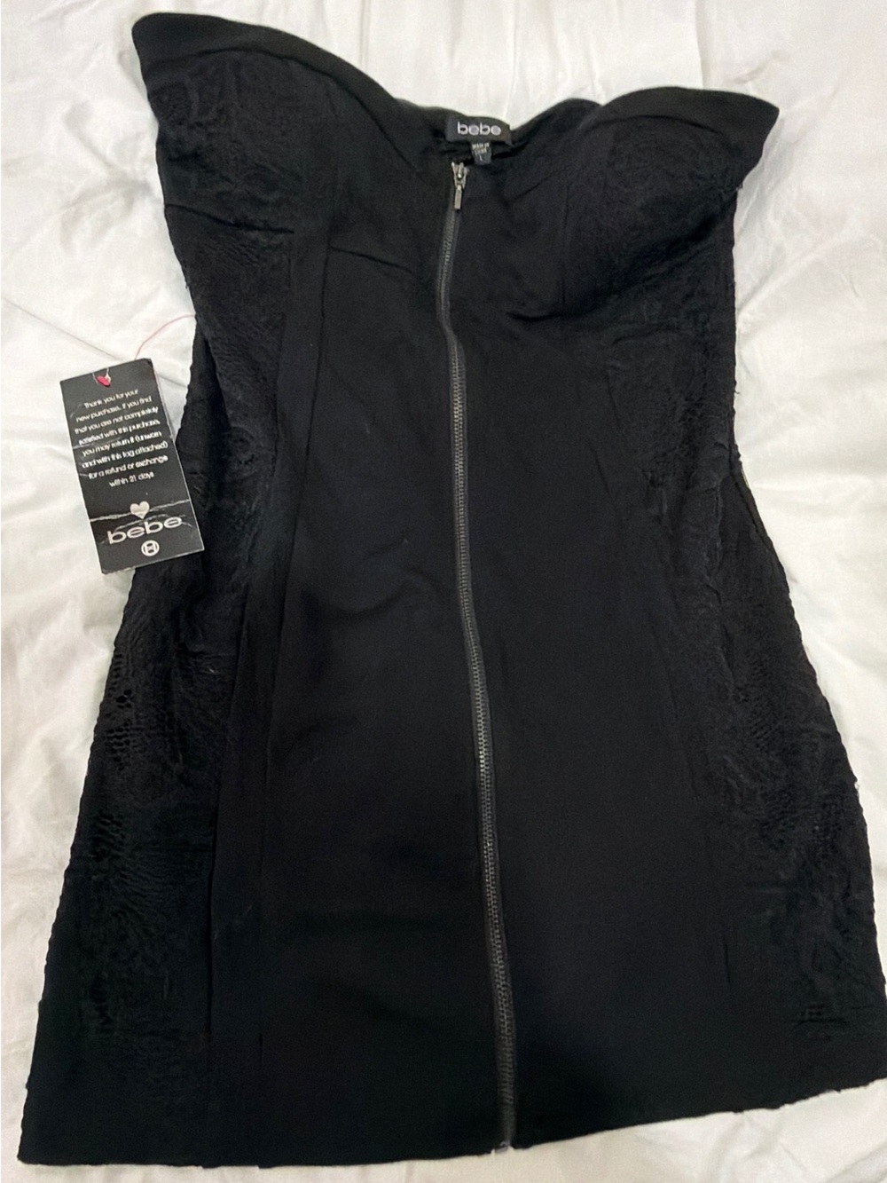 Bebe Black Strapless Front-Zip Lace-Panel Bodycon Dress NWT - no refundable